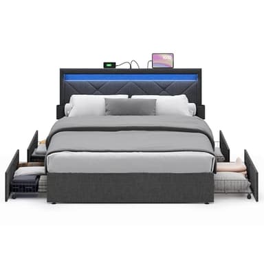 VASAGLE LED Bed Frame Queen Size, Queen Bed with Headboard and 4 Drawers, 1 USB Port and 1 Type C Port, Adjustable Upholstered Headboard 36.7/39.3 Inches, No Box Spring Needed, Dark Gray URMB821G71 - Image 1