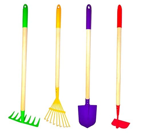 JustForKids Kids Garden Tool Set Toy, Rake, Spade, Hoe and Leaf Rake, reduced size , made of sturdy steel heads and real wood handle, 4-Piece, Multicolored, 5yr+ - Image 1