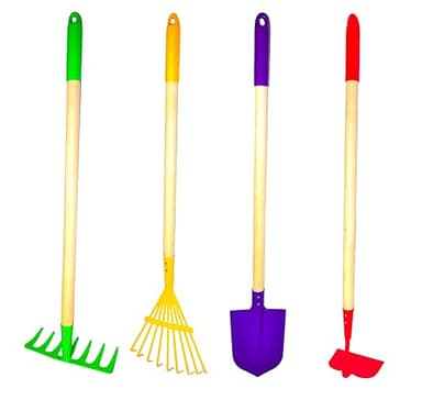 JustForKids Kids Garden Tool Set Toy, Rake, Spade, Hoe and Leaf Rake, reduced size , made of sturdy steel heads and real wood handle, 4-Piece, Multicolored, 5yr+ - Image 1