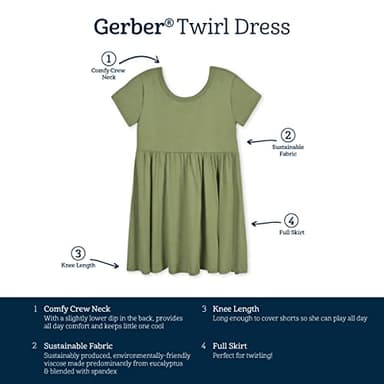 Gerber Baby Girls Toddler Buttery Soft Short Sleeve Twirl Dress with Viscose Made from Eucalyptus, Olive, 2T - Image 6