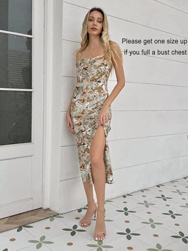 UTNISAN Wedding Guest Dress for Women Spaghetti Strap Satin Slip Cocktail Formal Midi Evening Party Dresses (XS, Green Floral - Image 4
