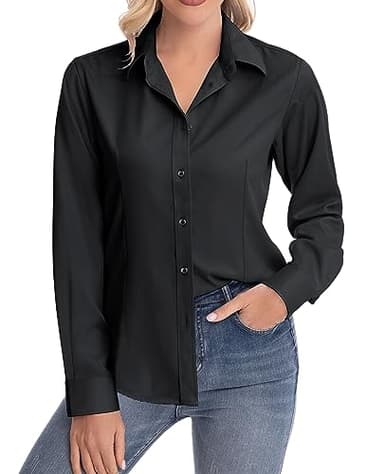 siliteelon Womens Classic-Fit Dress Shirts Long Sleeve Button Down Wrinkle-Free Stretch Solid Casual Work Office Blouse Top Black Small - Image 3