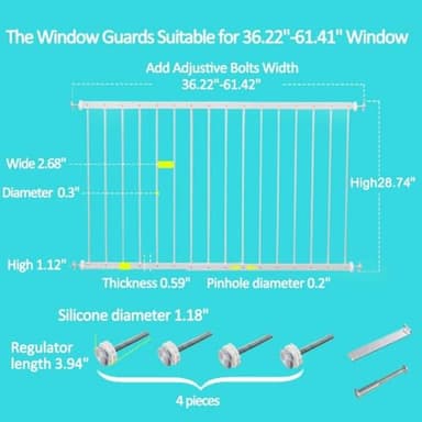 WAOWAO Window Safety Guards for Children Kids Child Toddler Pets Proof Extra Wide White Tension Security Window Guard Gate for Home Fit 36.22"-61.41" Sliding Windows (2 Piece) - Image 6