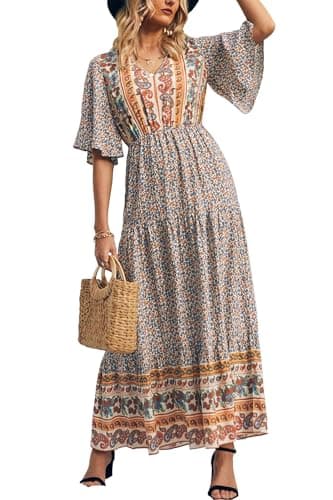 PRETTYGARDEN Women's Casual Summer Boho Floral Print Dress V Neck Short Sleeve High Waist Long Maxi Beach Dresses (White Floral,Large) - Image 1