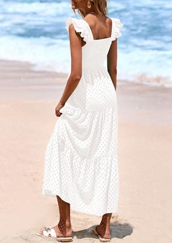 PRETTYGARDEN Womens Summer Square Neck Maxi Dresses Cap Sleeve Eyelet Smocked Tiered A Line Flowy Long Dress with Pockets (White,Medium) - Image 2