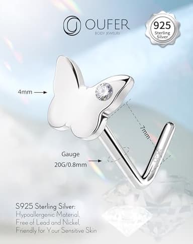 OUFER Butterfly Nose Studs, 925 Sterling Silver Nose Rings, L-Shaped Nose Piercing Jewelry, Cute Nostril Piercing, 20G Nose Rings For Women-7MM - Image 4