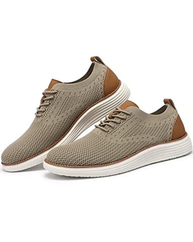 VILOCY Men's Casual Dress Sneakers Oxfords Business Shoes Lace Up Lightweight Comfortable Breathable Walking Knit Mesh Fashion Sneakers Tennis Khaki,EU43 - Image 2