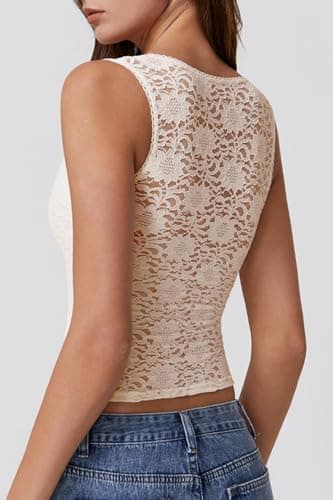 QINSEN Summer Sleeveless Lace Top for Women Tight Square Neck Soft Stretch Tank Top Off-White S - Image 2
