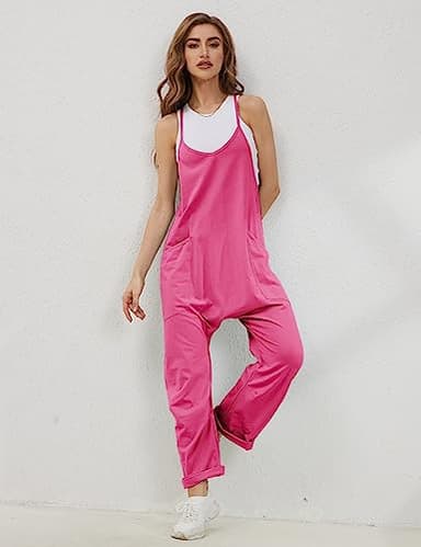Lentta Women's Causal Jumpsuits V Neck Sleeveless Harem Overalls Stretchy Adjustable Strap Romper with Pockets(RoseRed-XXL) - Image 2