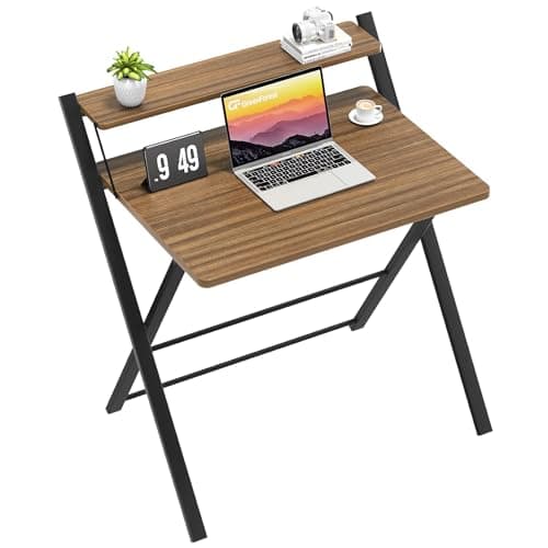 GreenForest Folding Desk No Assembly Required Large Size, 2-Tier Foldable Computer Desk with Shelf for Home Office, Space Saving Portable Laptop Study Foldable Table for Bedroom, Espresso - Image 1
