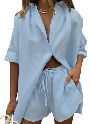 Fixmatti Women 2 Piece Outfit Linen Short Set Button Down Shirt High Waisted Shorts Blue M - Image 1