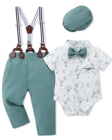 SOLOYEE Baby Boy Clothes Suits 6-9 Months Infant Wedding Formal Gentleman Outfits, Short Sleeve Shirt+Bowtie+Beret+Suspender Pants Clothing Set - Image 1