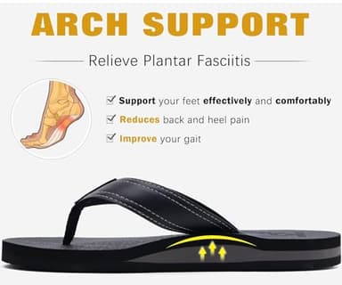 KuaiLu Men's Leather Flip Flops Arch Support Summer Beach Pool Water Thong Sandals Waterproof Rubber Walking Shoes Slip on Orthotic Casual Sport Cushioned Wide Slides Shower Slippers Black Size 14 - Image 4