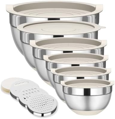 Mixing Bowls with Lids Set, 6 Piece Stainless Steel Nesting Storage Bowls for Kitchen, with 3 Grater Attachments & Non-Slip Bottoms, Size 5.5,3.5,2.5,2.1,1.5,1.1 QT - Image 3
