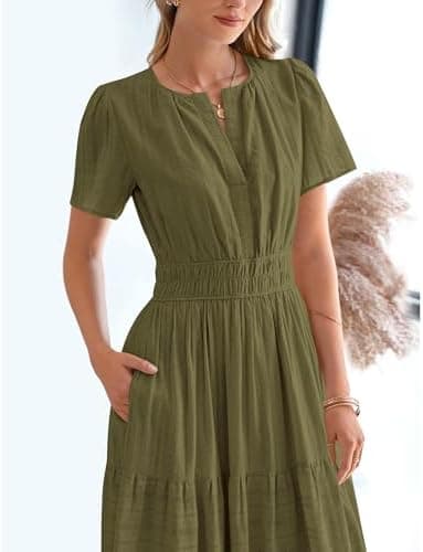 BTFBM Womens Summer 2025 Casual Midi Maxi Dresses Lightweight Short Sleeve V Neck Elastic Waist Boho Beach Dress Pockets - Image 7