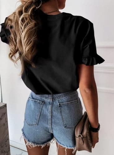 PRETTYGARDEN Women's Short Sleeve Casual T Shirts Summer Ruffle Plain Round Neck Loose Fit Tee Blouse Tops (Black,M) - Image 2
