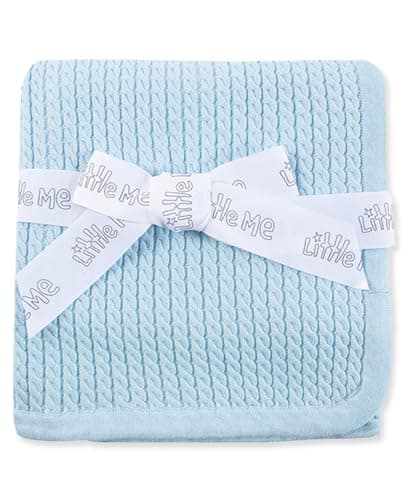 Little Me Baby Boys Blue Cable Knit Swaddling Receiving Blanket, 30 X 27 inches, 100% Cotton Baby Blankets - Image 1