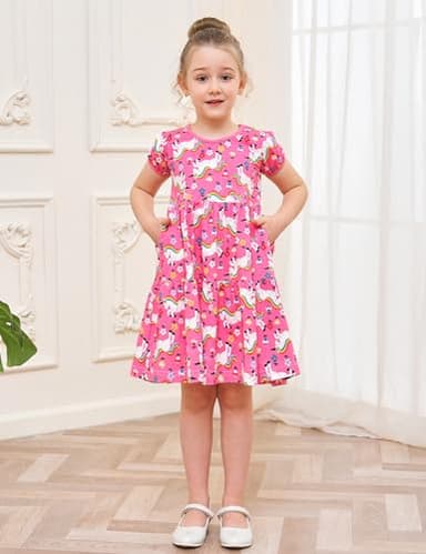 Little Girl Summer Dress Clothes Unicorn Easter Rainbow Short Sleeve Casual Twirly Tiered Swing Smocking Dresses Playwear Sundress Clothing Outfits Pink Horses 6-7 Years - Image 3