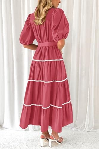 PRETTYGARDEN Women's Summer Button Down Shirt Dress Short Puffy Sleeve Tiered Ruffle Flowy Long Maxi Dresses (Dusty Pink,Medium) - Image 2