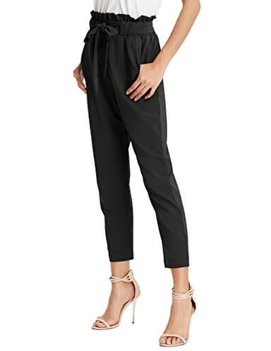 Women's Simple Solid Ruffle Tie Waist Pants with Pockets Black XL - Image 3