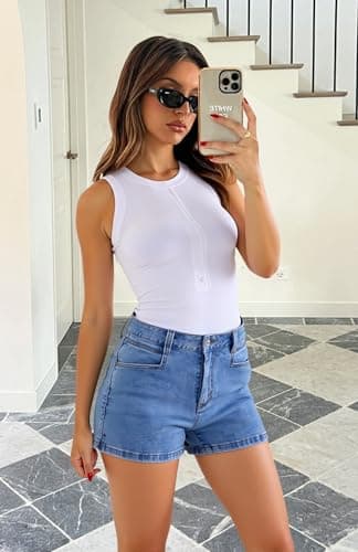 SANMM Jean Shorts for Women Stretchy Ripped Jean Shorts Mid Waisted Shorts Denim Shorts Navy M - Image 6