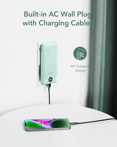 VEGER Portable Charger for iPhone with Built in Cables and Wall Plug, 10000mah Slim Fast Charging USB C Power Bank, Travel Essential Battery Pack Compatible with iPhone, iPad, Samsung etc(Green) - Image 3