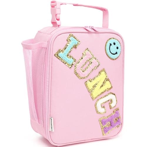 FlowFly Lunch box Insulated Soft Bag Mini Cooler Back to School Thermal Meal Tote Kit With Buckle and Mesh Side Pocket for Girls, Boys, PinkWithLetter - Image 1