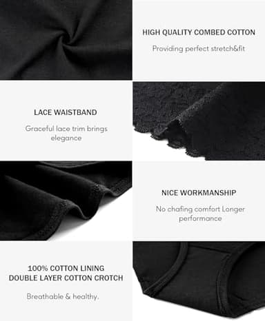 AYMEFF Women’s Cotton Underwear 5-Pack - Breathable Lace Bikini Panties, Full Coverage Ladies Underwear Soft Combed Cotton, Sizes S-XXL(6002S-Black5) - Image 4