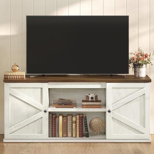VASAGLE Farmhouse TV Stand for TVs up to 65 Inches, Entertainment Center with Storage Cabinets and Sliding Barn Doors, Media Console Table for Living Room, Rustic White and Honey Brown ULTV535W01 - Image 1