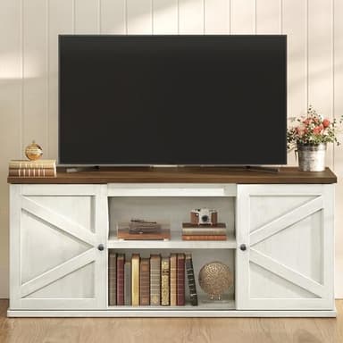 VASAGLE Farmhouse TV Stand for TVs up to 65 Inches, Entertainment Center with Storage Cabinets and Sliding Barn Doors, Media Console Table for Living Room, Rustic White and Honey Brown ULTV535W01 - Image 1