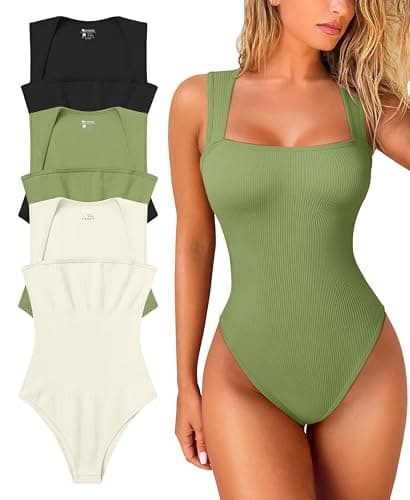 OQQ Women's 3 Piece Bodysuits Sexy Ribbed Strappy Square Neck Sleeveless Tummy Control Tank Tops Bodysuits Black Avocado green Beige - Image 1
