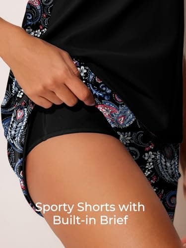 Summer Mae Blouson Tankini Swimsuits for Women 2025 Tummy Control Two Piece Bathing Suits with Sporty Pockets Swim Shorts Black Paisley Size 12 - Image 4