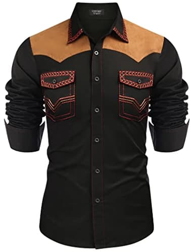 COOFANDY Mens Shirt Western Cowboy Embroidered Long Sleeve Slim Fit Casual Cotton Button Down Hippie with Pockets, Black, Medium, Long Sleeve - Image 1