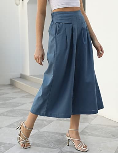 Gihuo Women' s Casual Cotton Linen Palazzo Pants Elastic Waist Wide Leg Culottes(DarkBlue-L) - Image 5