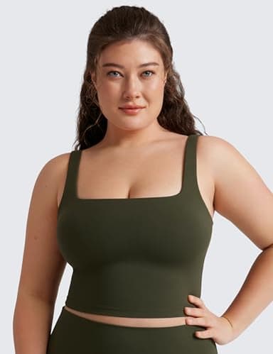 CRZ YOGA Butterluxe Womens Square Neck Longline Sports Bra - Workout Crop Tank Tops Padded Yoga Camisole with Built in Pads Olive Green Large - Image 6