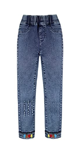 KIDSCOOL SPACE Girl Jeans,Embroidered Elastic Washed Denim Pants,Blue,5-6 Years - Image 1