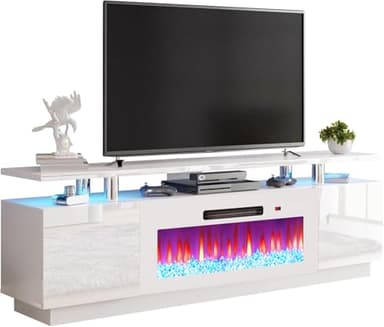AMERLIFE Fireplace TV Stand with 36" Fireplace, 70" Modern High Gloss Fireplace Entertainment Center LED Lights, 2 Tier TV Console Cabinet for TVs Up to 80", White & White - Image 8