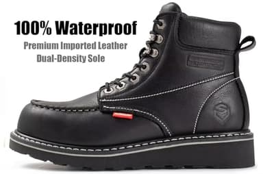 SUREWAY 6” Waterproof Mens Heavy Duty Soft Toe Work Boots for Men,Goodyear Welt,Comfortable & Durable,Oil/Slip Resistant,Full Grain Leather,EH Safety,Wedge Moc Toe Industrial Construction BLACK - Image 2