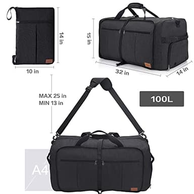 100L Travel Duffle Bag for Men, Urtala 32” Large Duffle Bag for Traveling with Shoe Compartment, Foldable Travel Duffel Bag Weekender Bag Gym Bag for Men Women Waterproof & Tear Resistant (Black) - Image 8