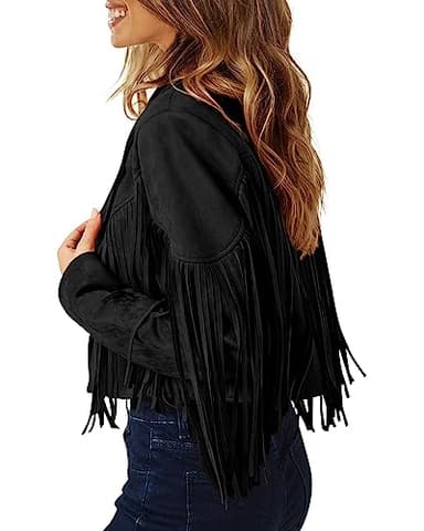PRETTYGARDEN Women's Fringe Faux Suede Leather Jackets Fall Fashion 2025 Tassel Motorcycle Cropped Coats (Black,XX-Large) - Image 4