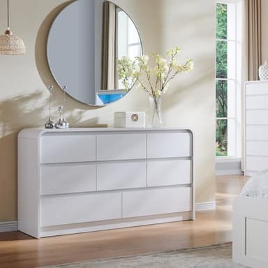 Aitjunz Modern 8 Drawers Dresser for Bedroom, 55" Wide Dressers & Chest of Drawers w/Curved Profile Design, Wood Mid Century Storage Dressers Organizer for Bedroom, Living Room, White - Image 3