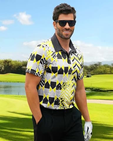 TURAND Mens Golf Shirts Short Sleeve Print Gradient Moisture Wicking Quick Dry Performance Polo Golf Shirt Black Small - Image 2