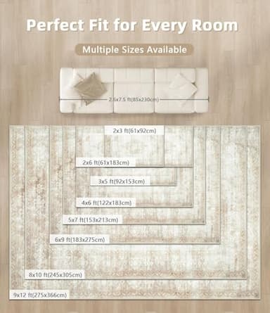 Vintage Living Room Area Rug - 6x9 Large Machine Washable Boho Moroccan Distressed Farmhouse Rugs for Bedroom - Soft Non-Slip Indoor Floor Accent Rugs for Office Dining Room (Beige, 6' x 9') - Image 8