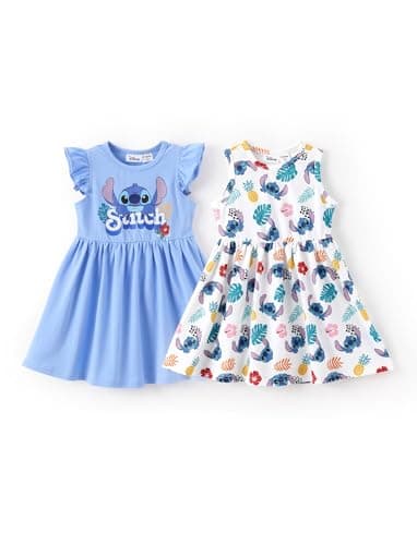 Disney Lilo & Stitch Toddler Girl Dresses 2 Pack White Sleeveless and Ruffle Sleeve Tropical Fruit Print Dress Set Hawaiian Summer Beach Clothes 12-13 - Image 1