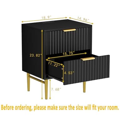 HQZX Black Nightstand Set of 2 with Charging Station, Fluted Nightstand with Drawers, Modern Bedside Table with Gold Legs, End Table for Bedroom - Image 2