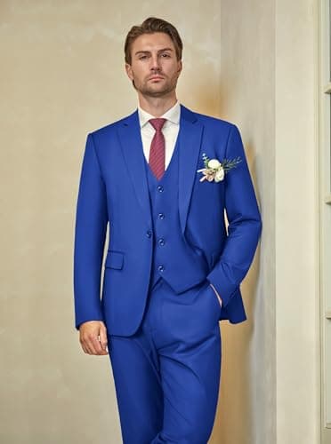 WULFUL Men’s Slim Fit Suit One Button 3-Piece Blazer Dress Business Wedding Party Jacket Vest & Pant Royal Blue - Image 9