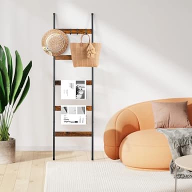 ELYKEN Blanket Ladder for Living Room, Farmhouse 5-Tier Quilt Holder with 4 Removable Hooks for Bathroom, Wood Towel Rack Display, Wall Anchor Leaning Decorative Stand for Home, Rustic Brown - Image 7