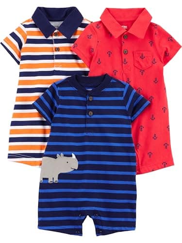 Simple Joys by Carter's Baby 3-pack Rompers, Orange Blue Stripe/Navy Stripe/Red Anchors, 18 Months - Image 1
