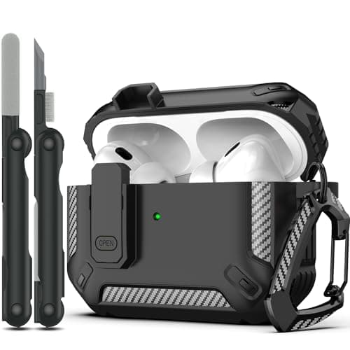 RFUNGUANGO for AirPods Pro Case Cover with Cleaner Kit, Military Hard Shell Protective Armor with Lock for AirPod Pro Charging Case, Front LED Visible,Black - Image 1