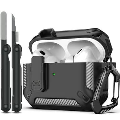 RFUNGUANGO for AirPods Pro Case Cover with Cleaner Kit, Military Hard Shell Protective Armor with Lock for AirPod Pro Charging Case, Front LED Visible,Black - Image 1